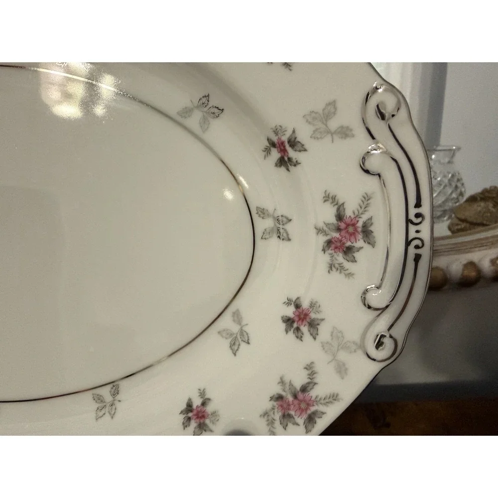 Vintage Rosemere Japan‎ Pink Floral Oval Serving Platter Silver Trim Handled